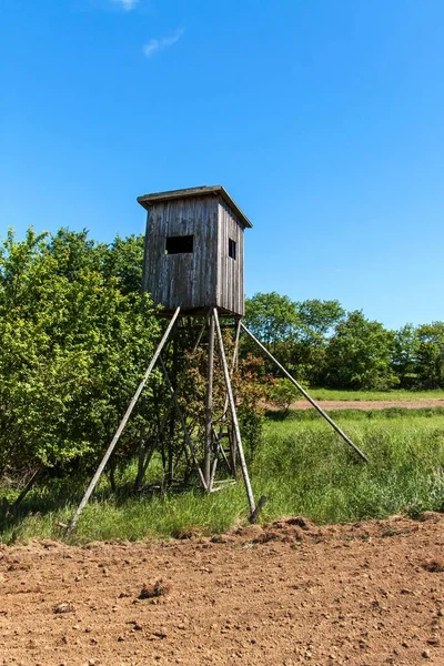 Tour de guet de chasse en bois dans le paysage tchèque. Campagne en République tchèque. Chasse au gibier sauvage . — Photo