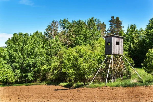 Houten jacht wachttoren in het Tsjechische landschap. Platteland in de Tsjechische Republiek. Wild spel jacht. — Stockfoto