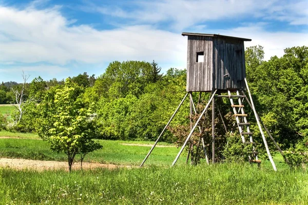 Houten jacht wachttoren in het Tsjechische landschap. Platteland in de Tsjechische Republiek. Wild spel jacht. — Stockfoto