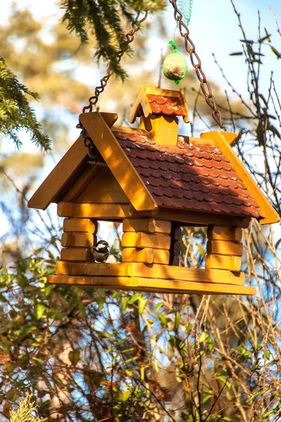 Alimentador de aves de jardín. Casa del árbol para los pájaros, apartamento alegre. Una casa de alimentación para pájaros hecha a sí misma con un techo marrón —  Fotos de Stock