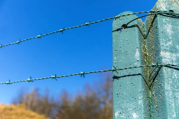 Szögesdrót a kék égen. Börtönkoncepció. Határkerítés. A magánterület biztonsága. — Stock Fotó