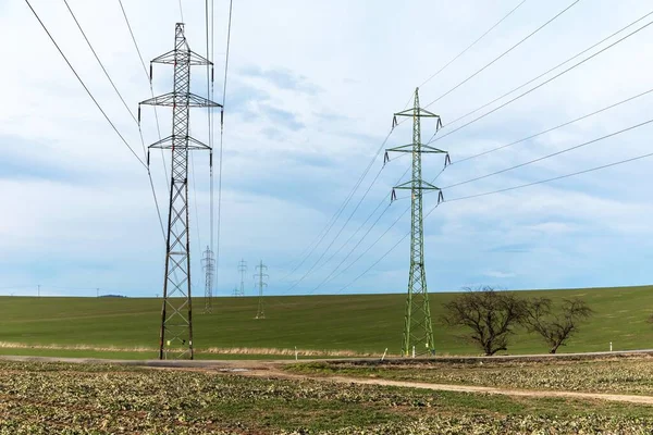 Power lines in the fields. Energy transfer. Distribution of electricity. Industrial landscape