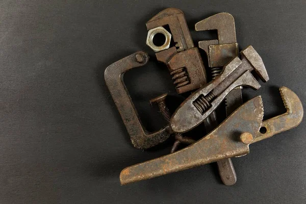 Old Rusty Wrench Black Background Top View Old Dirty Tools — Stock Photo, Image