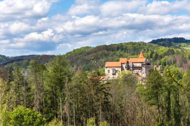 Ortaçağ şatosu Pernstein ormandaki bir tepede. 13. yüzyılın ortalarında inşa edilmiş. Çek Cumhuriyeti. 