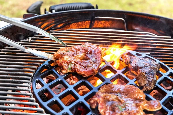 Asar Carne Marinada Una Parrilla Carbón Filete Parrilla Cerca Fiesta —  Fotos de Stock