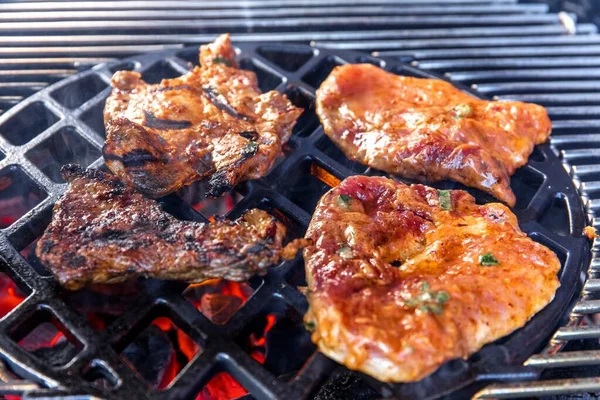 Asar Carne Marinada Una Parrilla Carbón Filete Parrilla Cerca Fiesta —  Fotos de Stock