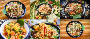 Yemek masasında servis edilen Tayland yemeği papaya salatası / Yeşil 