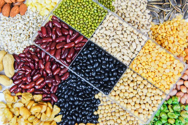 Collage various beans mix peas agriculture of natural healthy fo — Stock Photo, Image