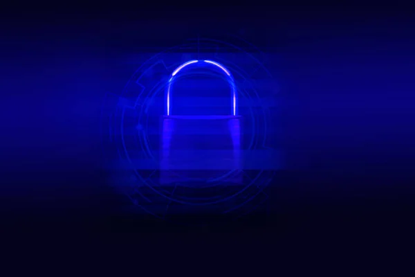 Sistemas de seguridad de datos ordenador con candado bloqueado en azul oscuro — Foto de Stock