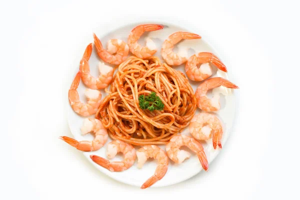 Spaghetti bolognese italian pasta with shrimp prawn served on wh — Stock Photo, Image