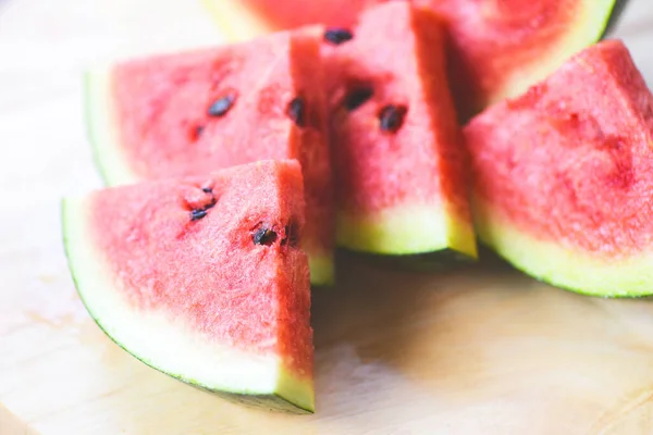 Watermelon Slice Wooden Background Close Fresh Watermelon Tropical Fruit — Stock Fotó