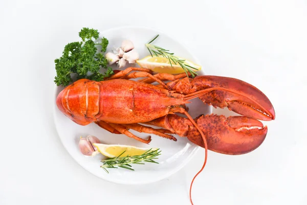 Red Lobster Dinner Seafood Herb Spices Lemon Rosemary Served Table — ストック写真