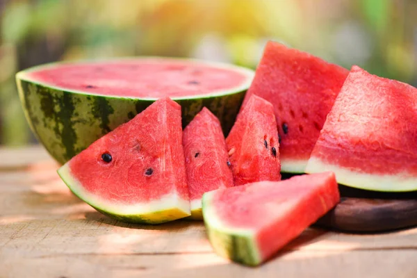 Sliced Watermelon Wooden Nature Background Close Fresh Watermelon Pieces Tropical — 스톡 사진