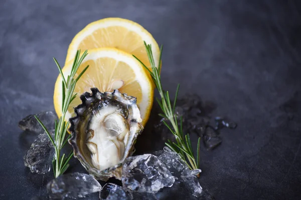 Close Open Oyster Shell Herb Spices Lemon Rosemary Served Table — Stock Photo, Image