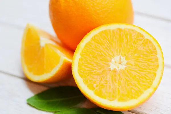 Orange Fruit Wooden Background Fresh Orange Slice Half Orange Leaf — Stock Fotó