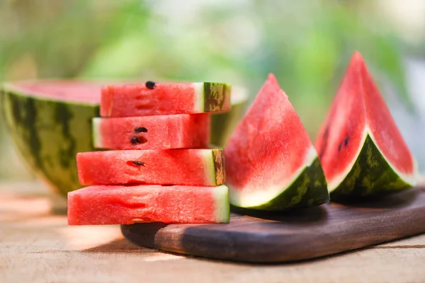 Sliced Watermelon Wooden Nature Background Close Fresh Watermelon Pieces Tropical — Stok fotoğraf