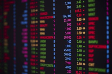Borsa grafik veri tablosu yatırım iş analizi için ekran monitöründe. Borsada finansman, yükselen ve azalan para fiyatlarıyla birlikte.