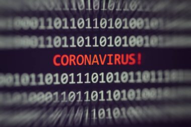 Ekran teknolojisi üzerindeki Coronavirus iletisi ikili kod veri uyarısı bilgisayar hatası sorunu / COVID-19 coronavirüs Grip salgını tıbbi kriz yayılımı halk sağlığı risk önleme yöntemleri