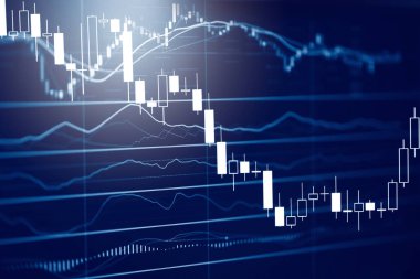 Yatırımcılar için bilgisayar monitöründe ticari dijital arkaplan / Candle stick hisse senedi veya pre-x ticaret göstergesiyle borsa döviz fiyatlarının borsa grafikleri 