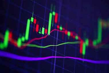 Yatırımcılar için bilgisayar monitöründe ticari dijital arkaplan / Candle stick hisse senedi veya pre-x ticaret göstergesiyle borsa döviz fiyatlarının borsa grafikleri 