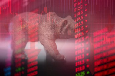 Hisse senedi grafiği dijital krize sahip boğa ve ayı pazarı konsepti kırmızı fiyat düşüş tablosu / borsa ayı finansmanı risk eğilimi yatırım eğilimi iş ve para kaybı hareketli ekonomi