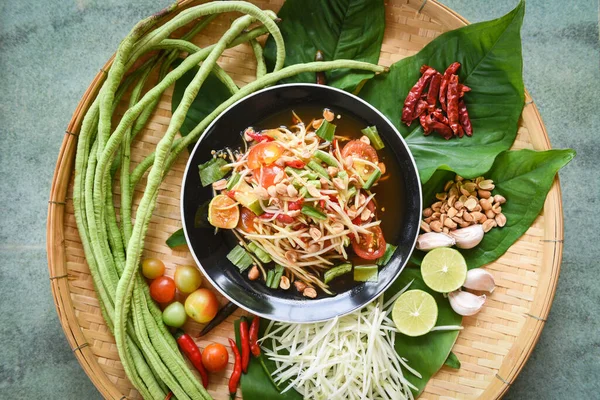 Comida Tailandesa Vista Superior Ensalada Papaya Picante Con Yardlong Frijol — Foto de Stock