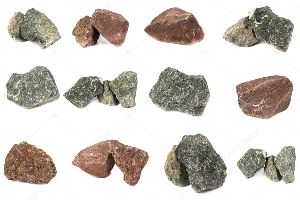 Basalt rock and granite stone and Sandstone For industrial plants isolate on white background