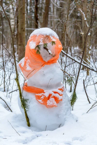 Figure Bonhomme Neige Tient Dans Défrichement Dans Forêt — Photo