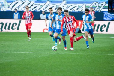 Malaga, İspanya. 9 Şubat 2018. La Liga Maçı Malaga C.F. - Atletico de Madrid 'de. Fernando Torres topu aldı.