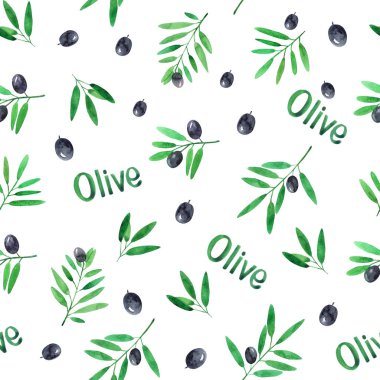Beyaz arka planda suluboya zeytin dalları ile dikişsiz desen. Elle çizilmiş illüstrasyon.