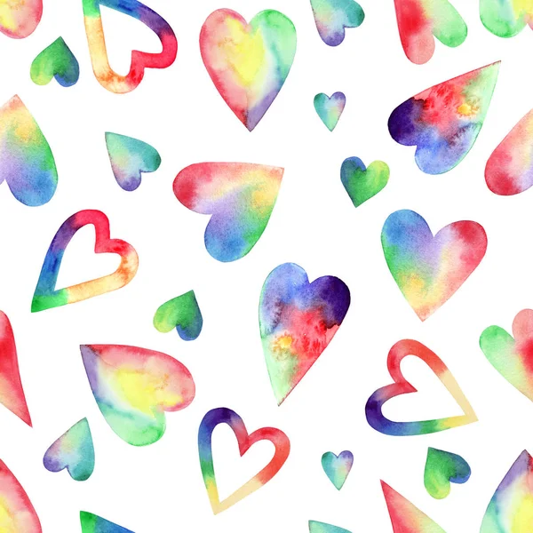 Rainbow hearts. Watercolor seamless pattern on white background.