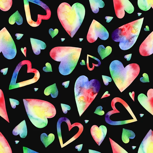 Rainbow hearts. Watercolor seamless pattern on black background — Stock Photo, Image