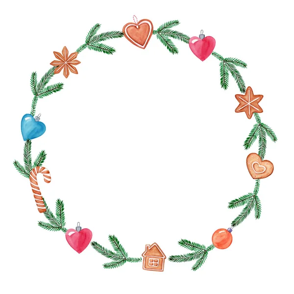 Christmas Watercolor wreath of berries, spruce branches, gingerb — Stockfoto