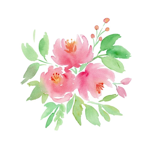 손으로 그린 보호 수채화와 분홍 플로우의 꽃 그림 — 스톡 사진
