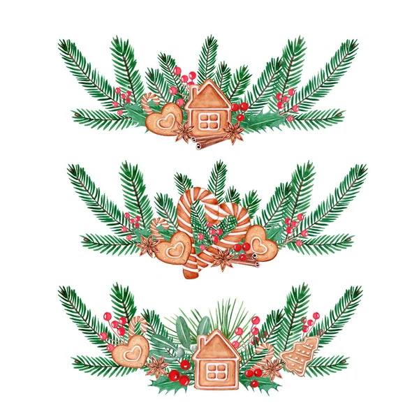 Weihnachten Aquarellkranz aus Beeren, Fichtenzweigen, Lebkuchen — Stockfoto