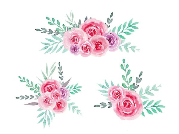 Watercolor boho flowers bouquets with pink roses and green branc — 스톡 사진