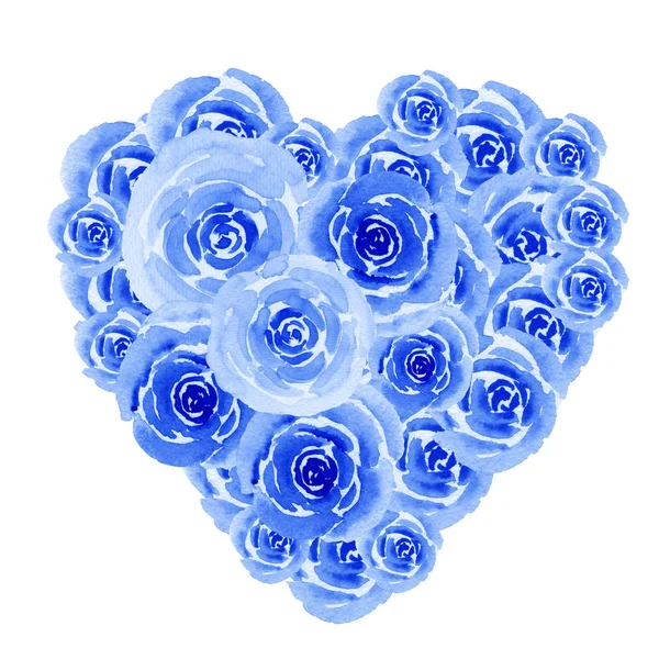 Blauw hart symbool van aquarel bloemen van rozen geïsoleerd op w — Stockfoto