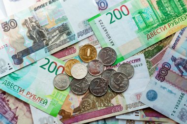 Money of Russia. Banknotes and coins. Close-up of Russian rubles