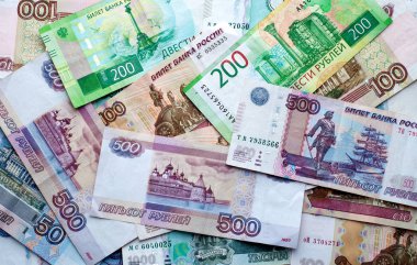 Money of Russia. Banknotes. A close-up of Russian rubles of vari