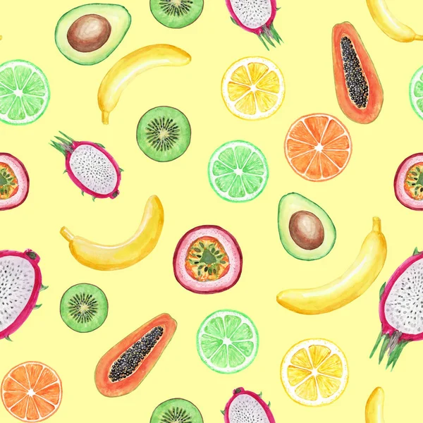 Motif sans couture avec bananes jaunes, fruit de la passion, papaye, lem — Photo