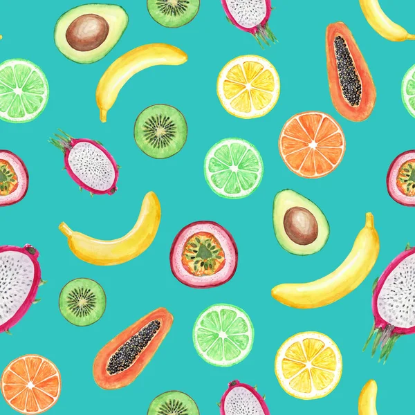 Seamless pattern with yellow bananas, passion fruit, papaya, lem — 스톡 사진