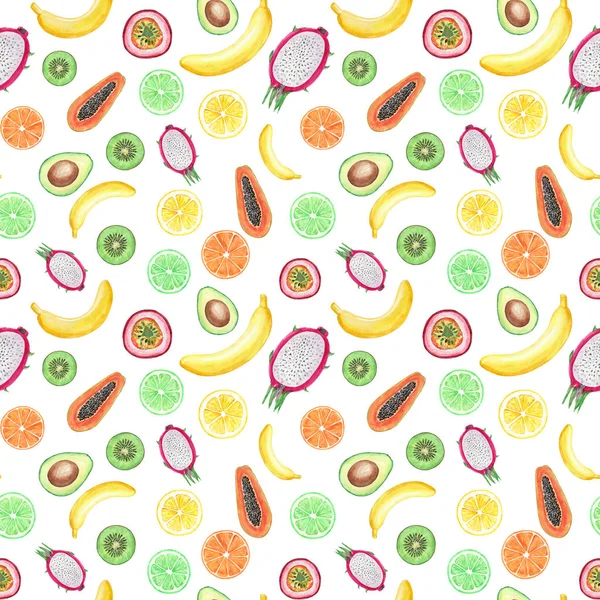 Naadloos patroon met gele bananen, passievrucht, papaja, lem — Stockfoto