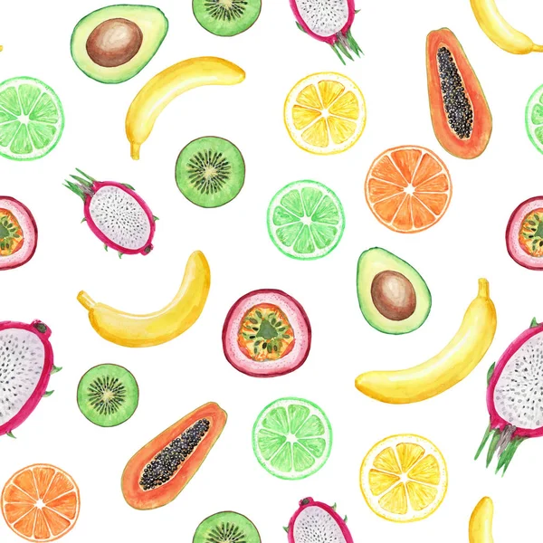 Seamless pattern with yellow bananas, passion fruit, papaya, lem — 스톡 사진