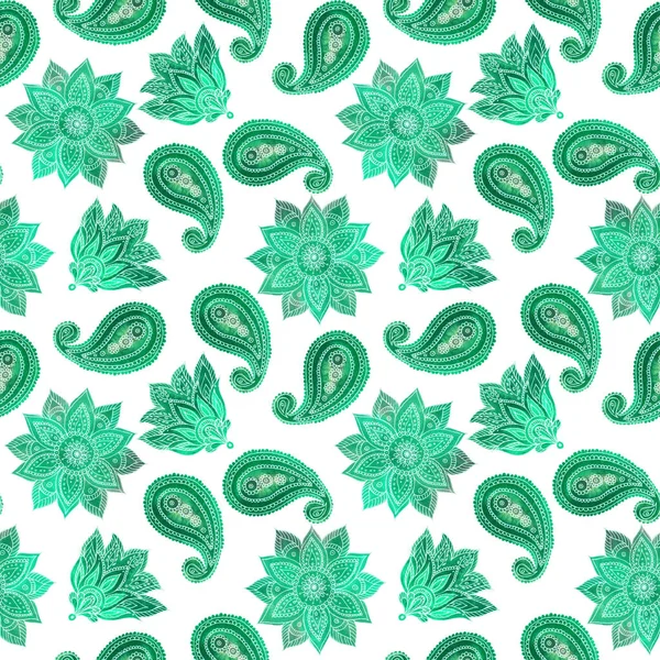 Бесшовный Рисунок Стиле Пейсли Элементы Акварели Зеленый Цветочный Узор — стоковое фото