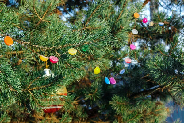 Winterbaumschmuck Girlande aus farbigem Eis. Handarbeit, Freizeit mit Kindern. — Stockfoto