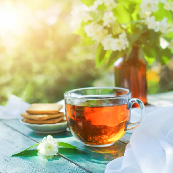 Jasmine tea with jasmine herb flower on wooden table — Stock Photo, Image