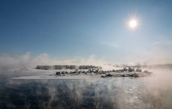Island in the city of Irkutsk on the Angara River in winter in January