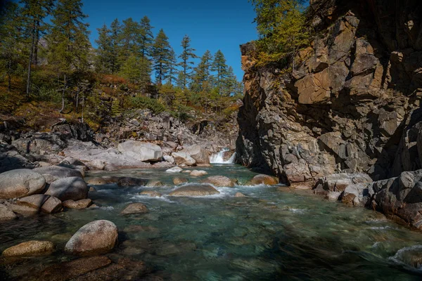 Canyon on the river Middle Sakukan in Eastern Siberia — Stock Image Canyon River Middle Sakukan Eastern Siberia Royalty Free Stock Images