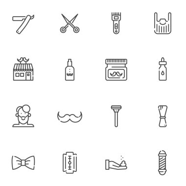 Berber dükkanı simgeleri ayarlandı. Doğrusal biçim sembolleri koleksiyonu, ana tabela işaretleri paketi. Vektör grafikleri. Sette jilet, makas, bıyık balsamı, tıraş makinesi, tıraş kremi, kuaför gibi simgeler yer alıyor