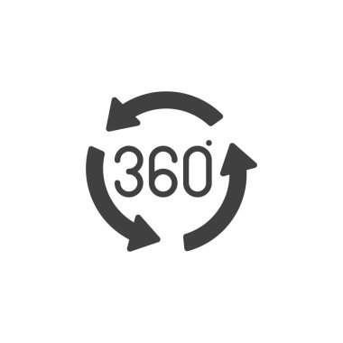 360 derece ok vektör ikonu. Panoramik görünüm mobil konsept ve web tasarımı için düz tabela doldurdu. Tam dönüş işareti sembol işareti. VR teknoloji sembolü, logo illüstrasyonu. Vektör grafikleri